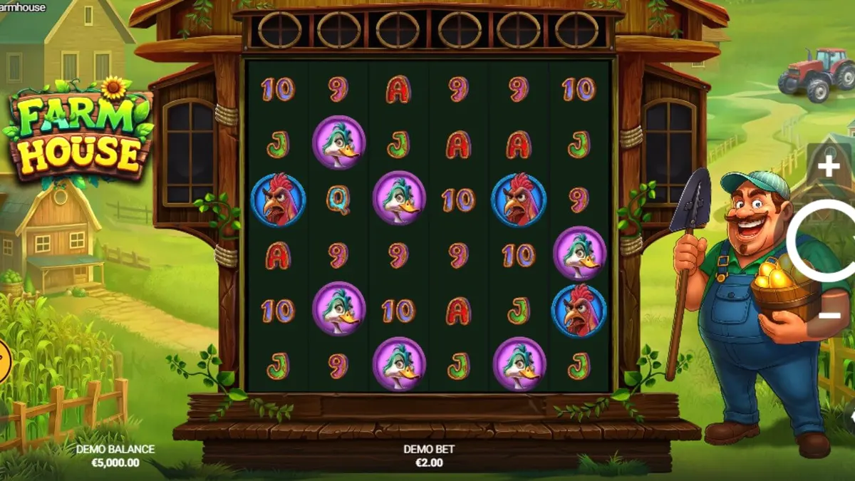 Tampilan visual slot Farm House dengan tema peternakan yang ceria